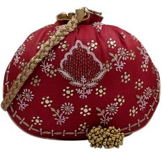 Handmade Red Chikankari Silk Round Potli Bag for Women